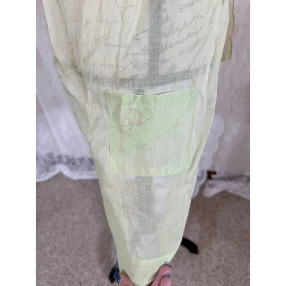 Vintage Sheer Pale Green Half Apron Pink Floral Script Print Pocket Cottagecore